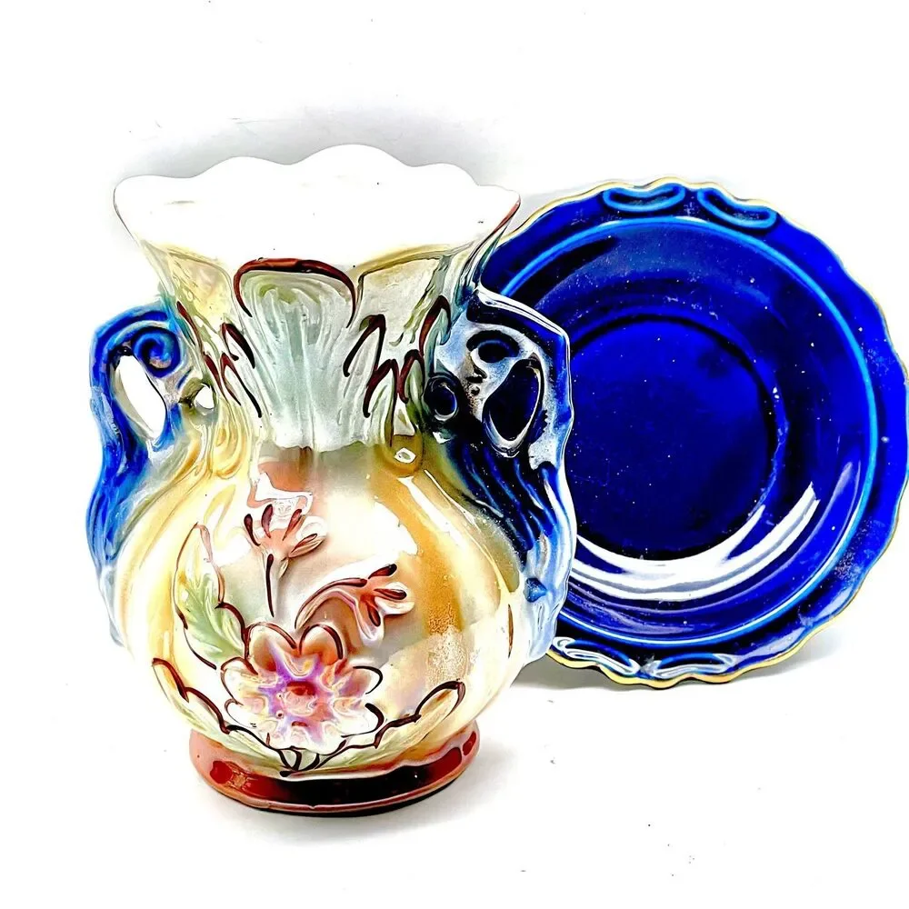Vintage Brazilian Iridescent Ceramic RARE Vase w/Base Hand-Painted 5